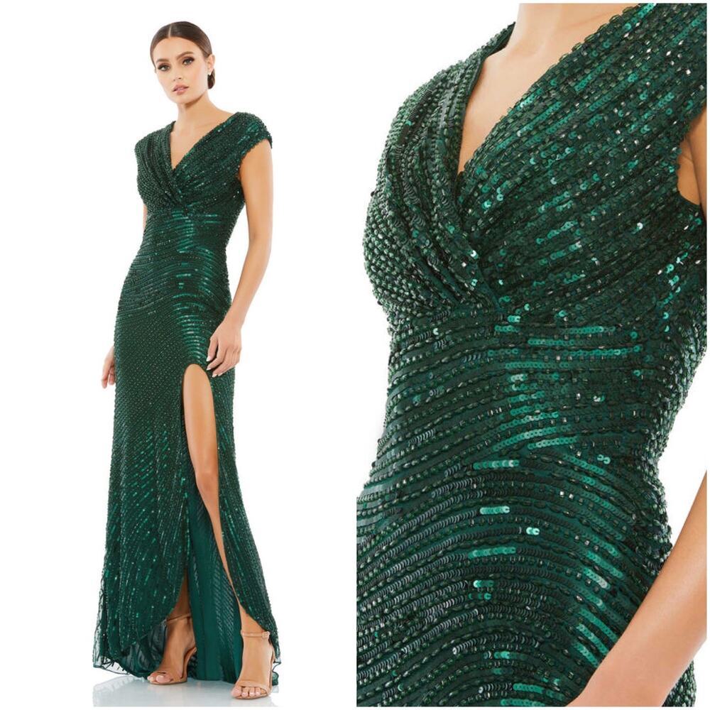 Mac Duggal Forest Green Cap Sleeve Sequined Evening Gown Size 16 $598 5441